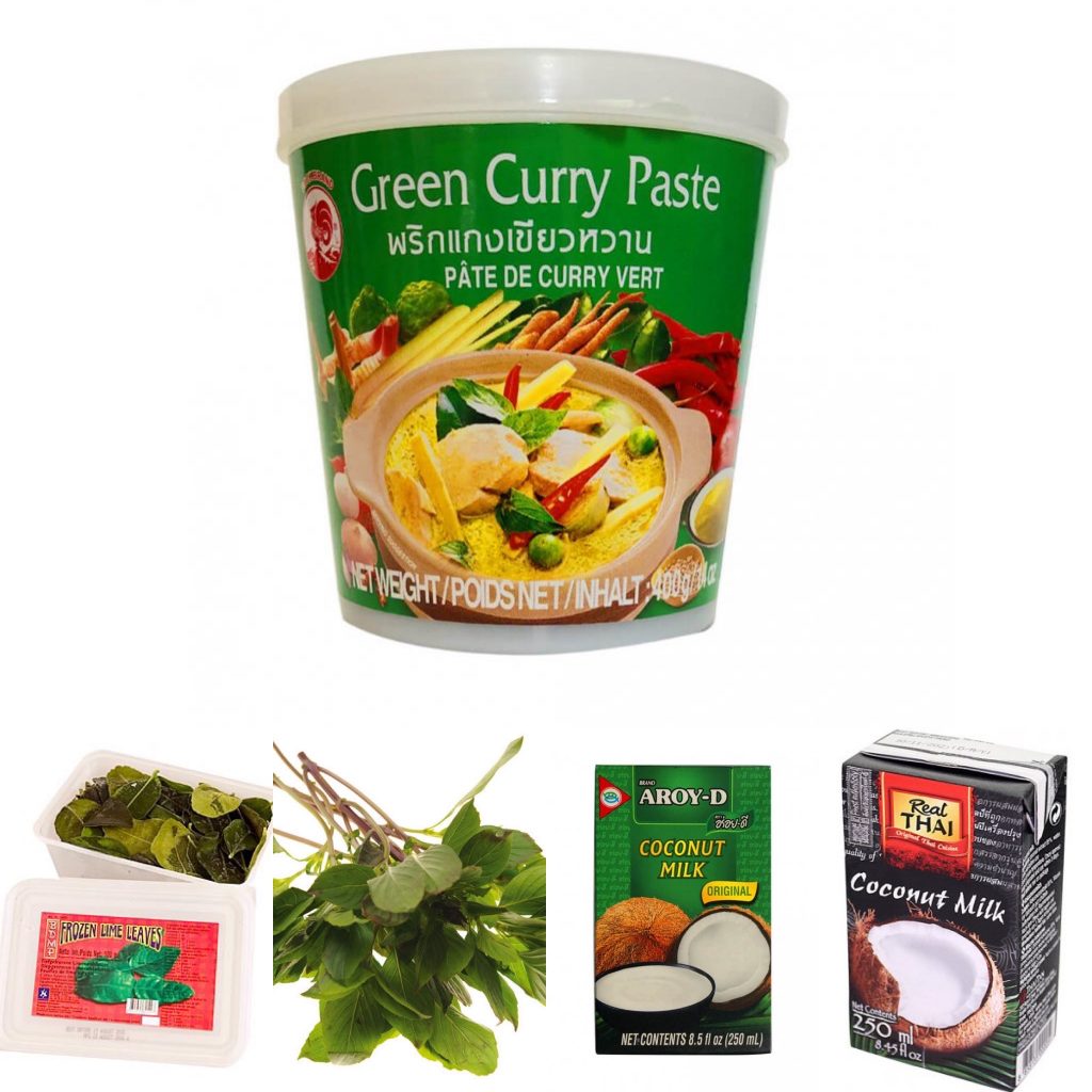 Suroviny na zelené kari, zelená curry pasat, kokosové mléko, limetové listy, thajská bazalka